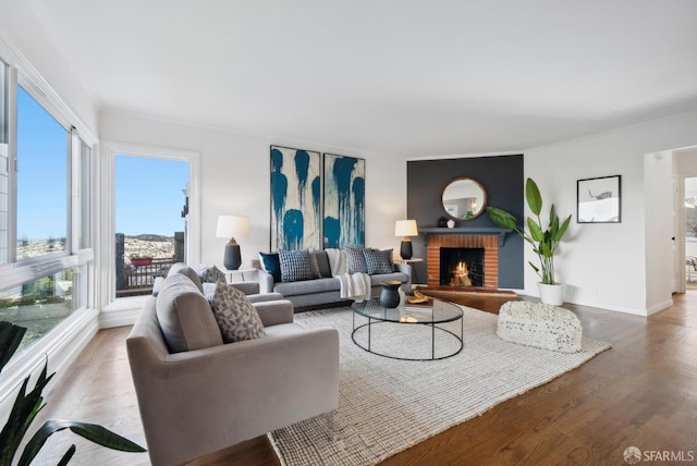 living area with baseboards, wood finished floors, and a fireplace