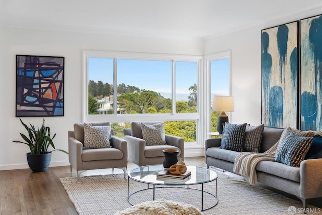 living area featuring plenty of natural light, crown molding, baseboards, and wood finished floors