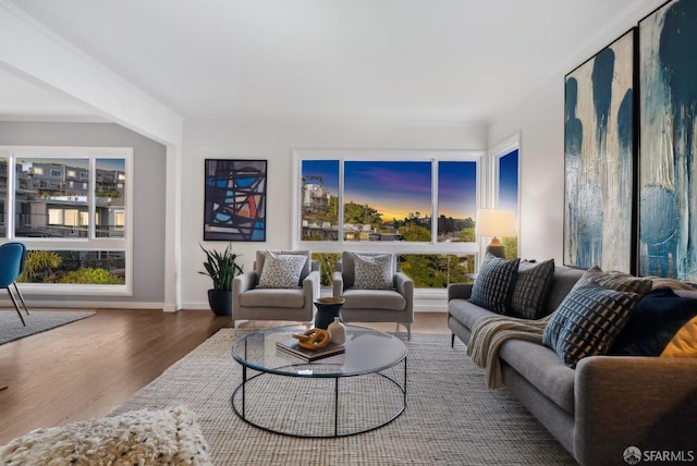 living room featuring crown molding, plenty of natural light, wood finished floors, and baseboards