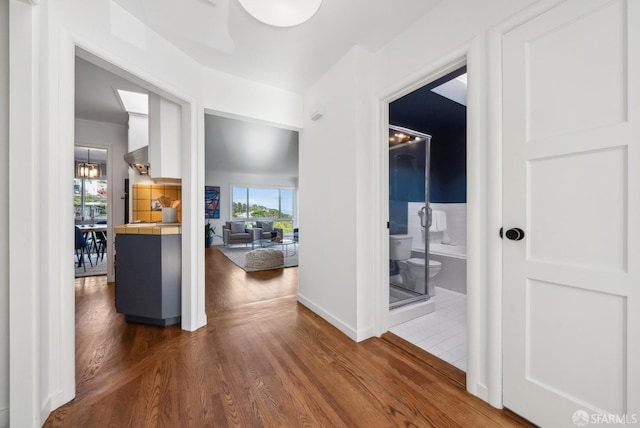 hallway featuring dark wood-style flooring