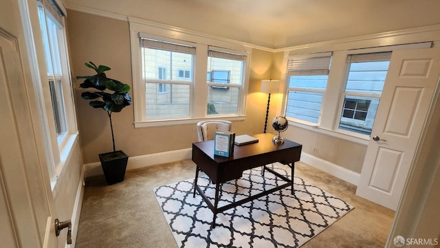 home office featuring light carpet