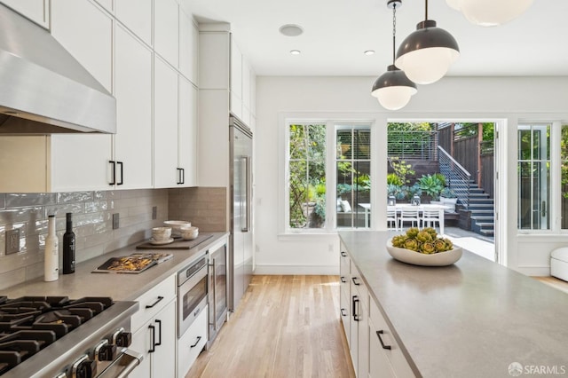 kitchen featuring pendant lighting, tasteful backsplash, ventilation hood, light wood-style floors, and built in appliances