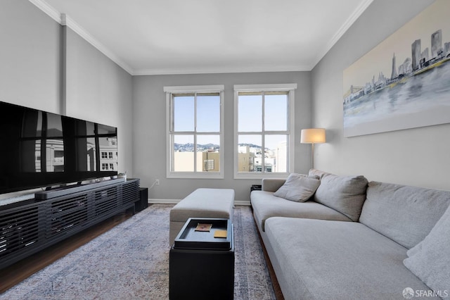 living area with ornamental molding, dark wood finished floors, and baseboards