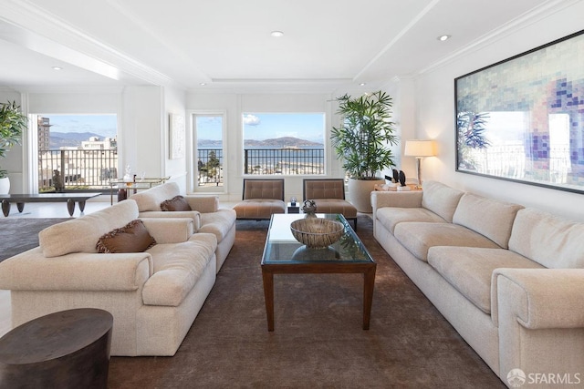 carpeted living room featuring recessed lighting, a tray ceiling, and crown molding