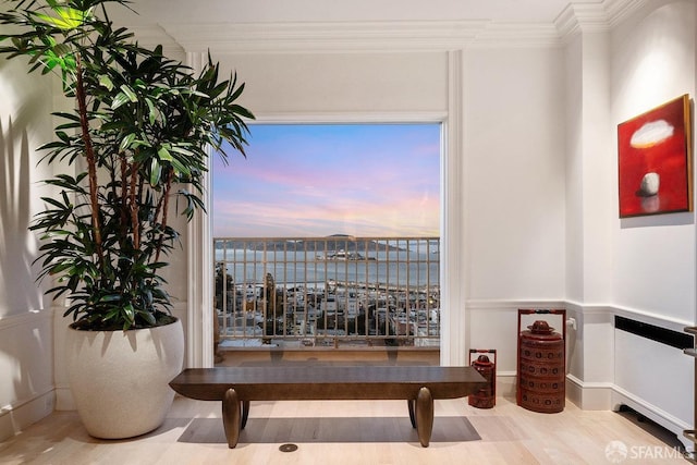 sitting room with wood-type flooring, ornamental molding, and a water view