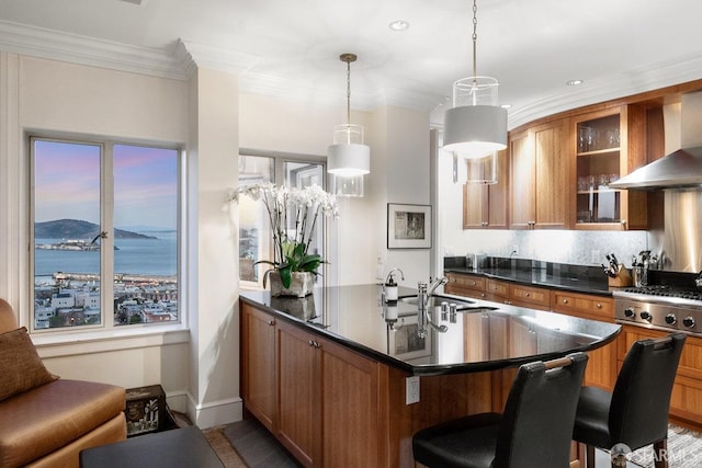 kitchen featuring pendant lighting, a water and mountain view, extractor fan, a breakfast bar area, and decorative backsplash