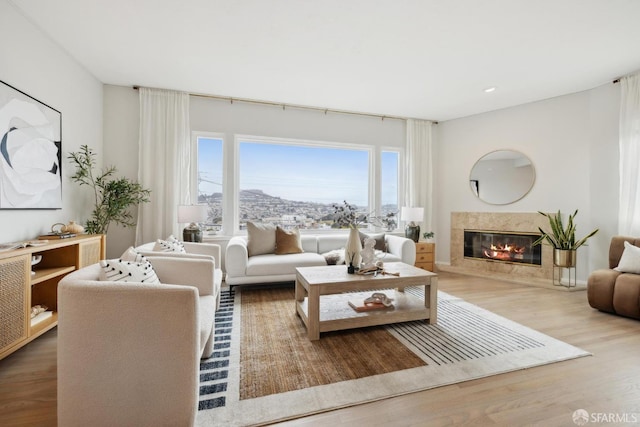 living area featuring recessed lighting, wood finished floors, and a premium fireplace