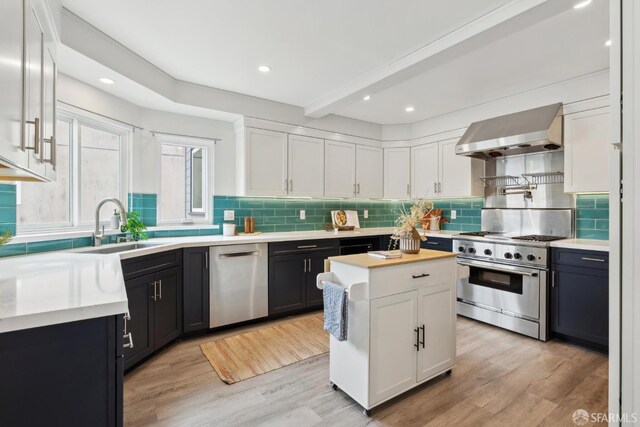 kitchen with a sink, wall chimney exhaust hood, stainless steel appliances, white cabinetry, and backsplash