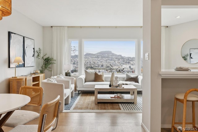 sitting room featuring a mountain view and wood finished floors