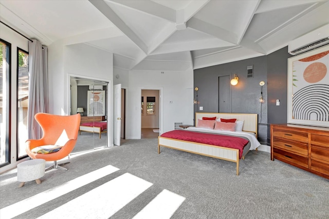 bedroom with an AC wall unit, carpet, and lofted ceiling