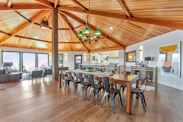 dining space featuring hardwood / wood-style flooring, plenty of natural light, high vaulted ceiling, and an inviting chandelier