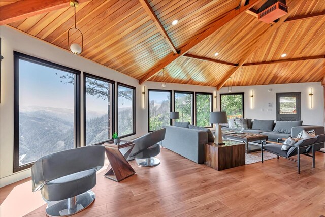 living room featuring a mountain view, plenty of natural light, high vaulted ceiling, and light hardwood / wood-style floors