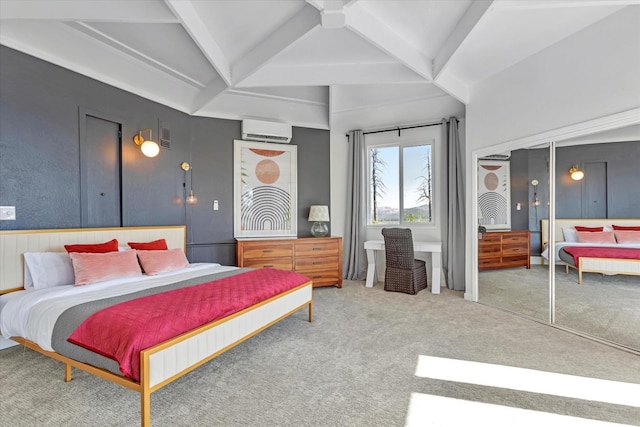 bedroom featuring carpet, an AC wall unit, and beamed ceiling