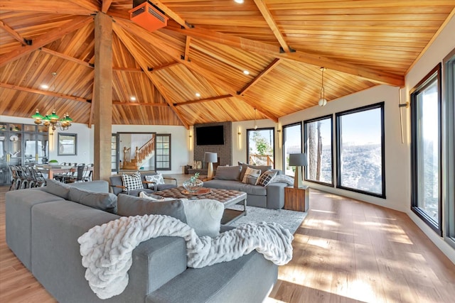 living room featuring beam ceiling, light wood-type flooring, high vaulted ceiling, and wooden ceiling