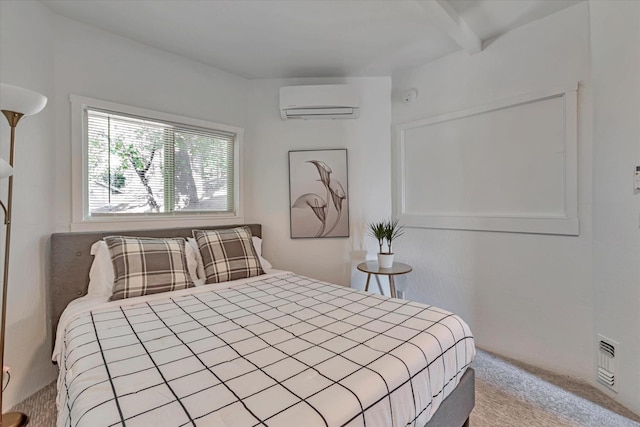 carpeted bedroom featuring a wall unit AC and beam ceiling