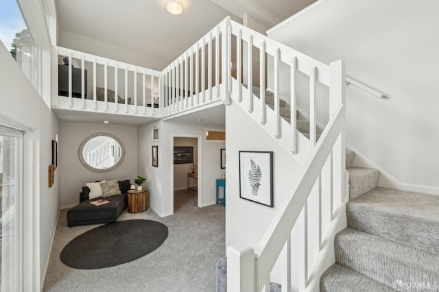 stairs featuring a towering ceiling and carpet flooring