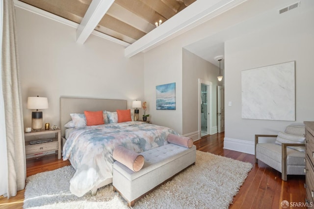 bedroom with beamed ceiling, baseboards, visible vents, and dark wood-style flooring