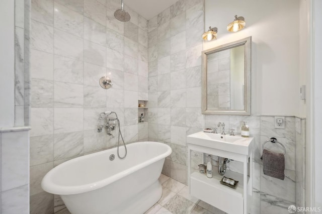 full bath featuring walk in shower, a soaking tub, and tile walls