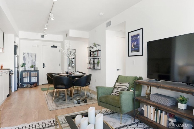 living room featuring light wood-type flooring and track lighting