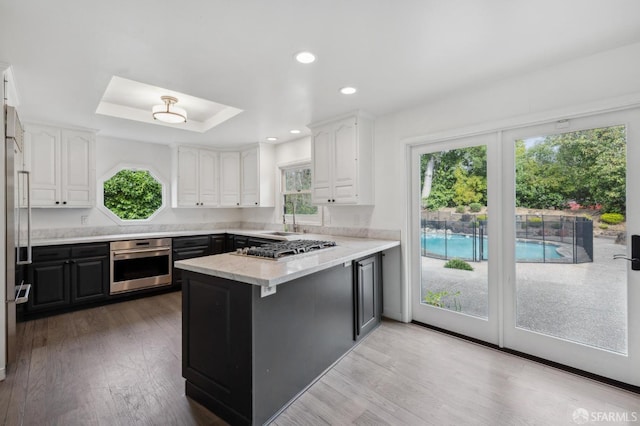 kitchen with a peninsula, a tray ceiling, stainless steel appliances, light wood-style floors, and white cabinetry