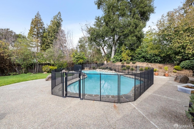 view of swimming pool with a patio area, a fenced backyard, and a fenced in pool