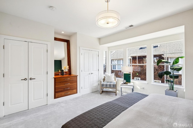 bedroom featuring light carpet, multiple windows, and two closets