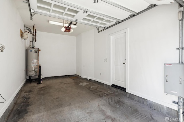 garage with water heater and a garage door opener