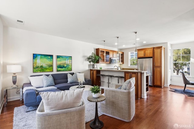 living room with a wealth of natural light and dark hardwood / wood-style floors