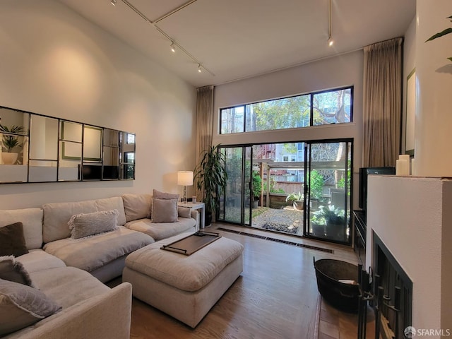 living room featuring a towering ceiling and wood-type flooring