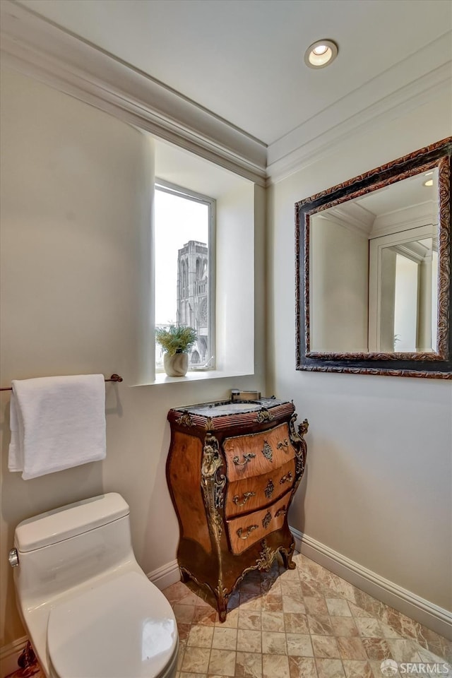 1190 Sacramento St Unit 6, San Francisco, CA 94108 - bathroom with toilet, stone finish floor, baseboards, and ornamental molding