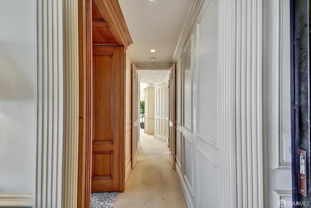 1190 Sacramento St Unit 6, San Francisco, CA 94108 - hall featuring a decorative wall, ornamental molding, recessed lighting, and light colored carpet