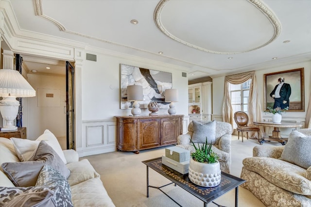 1190 Sacramento St Unit 6, San Francisco, CA 94108 - living area featuring light carpet, a decorative wall, and ornamental molding