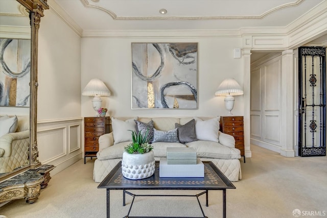 1190 Sacramento St Unit 6, San Francisco, CA 94108 - carpeted living room featuring a decorative wall, decorative columns, wainscoting, and crown molding