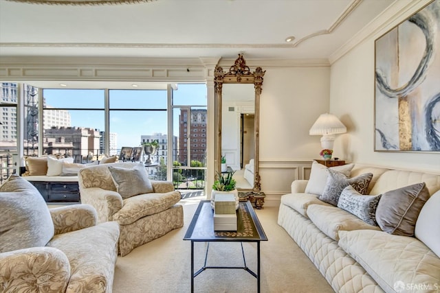 1190 Sacramento St Unit 6, San Francisco, CA 94108 - carpeted living area with crown molding, a decorative wall, a view of city, and wainscoting