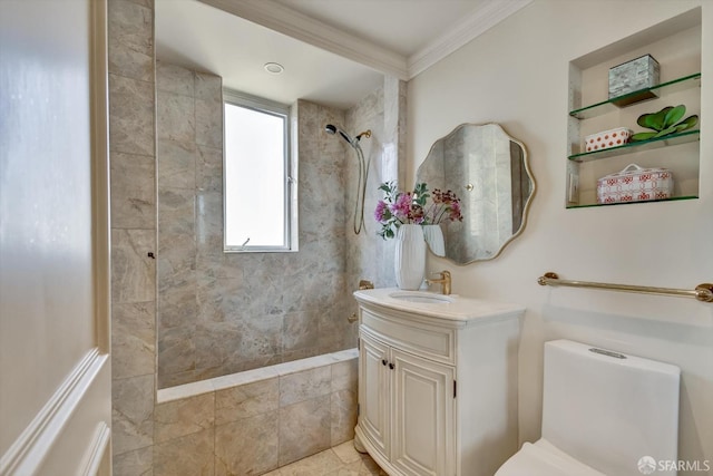 1190 Sacramento St Unit 6, San Francisco, CA 94108 - full bathroom with crown molding, toilet, tiled shower, and vanity