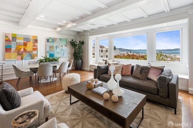 sunroom / solarium featuring beamed ceiling, coffered ceiling, and a mountain view