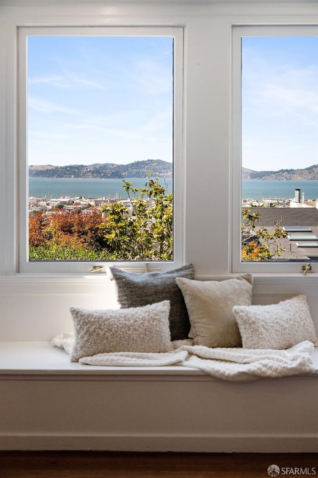 living area with a water view