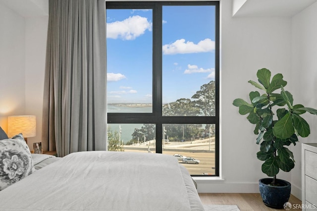 bedroom featuring baseboards, a water view, and wood finished floors