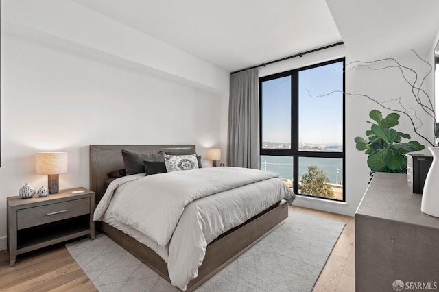 bedroom with a water view and light wood-style flooring