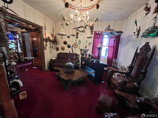 carpeted living room with a notable chandelier