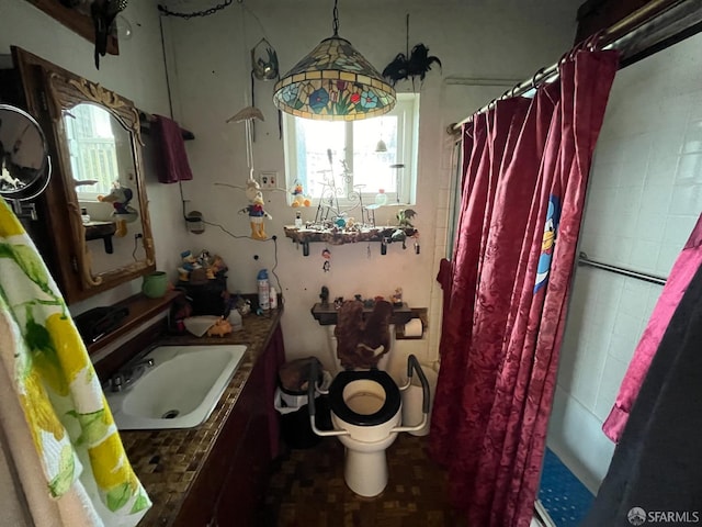 bathroom with vanity, toilet, and a shower with shower curtain