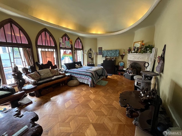 bedroom featuring light parquet flooring