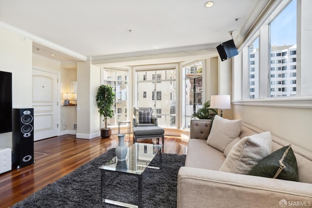 living room featuring ornamental molding, dark wood-type flooring, and a wealth of natural light