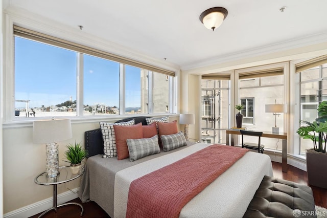 bedroom with multiple windows and dark wood-type flooring