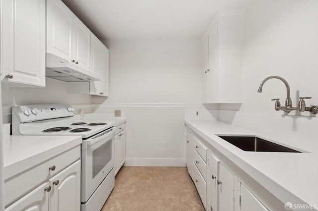 kitchen featuring white range with electric stovetop, light countertops, under cabinet range hood, white cabinetry, and a sink