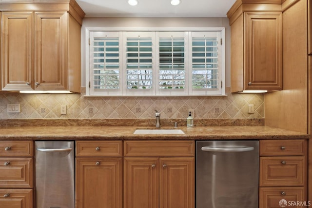 kitchen with tasteful backsplash, dishwasher, and sink