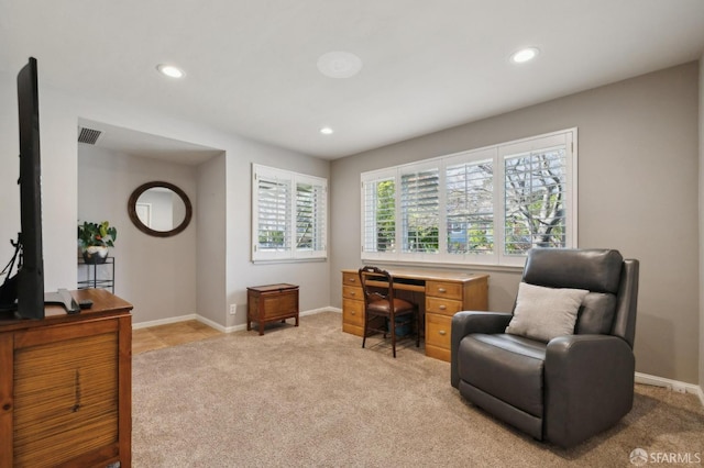 office space featuring a healthy amount of sunlight and light carpet