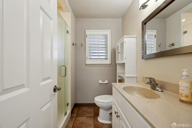 bathroom featuring walk in shower, vanity, toilet, and tile patterned flooring