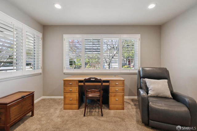 home office with light carpet