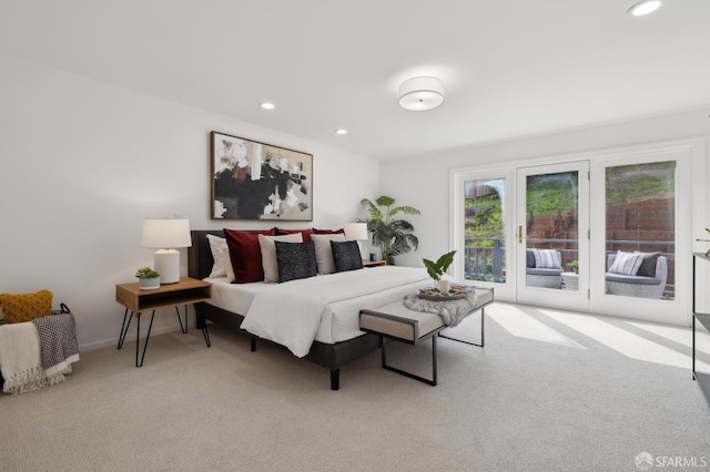 carpeted bedroom with baseboards, access to outside, and recessed lighting